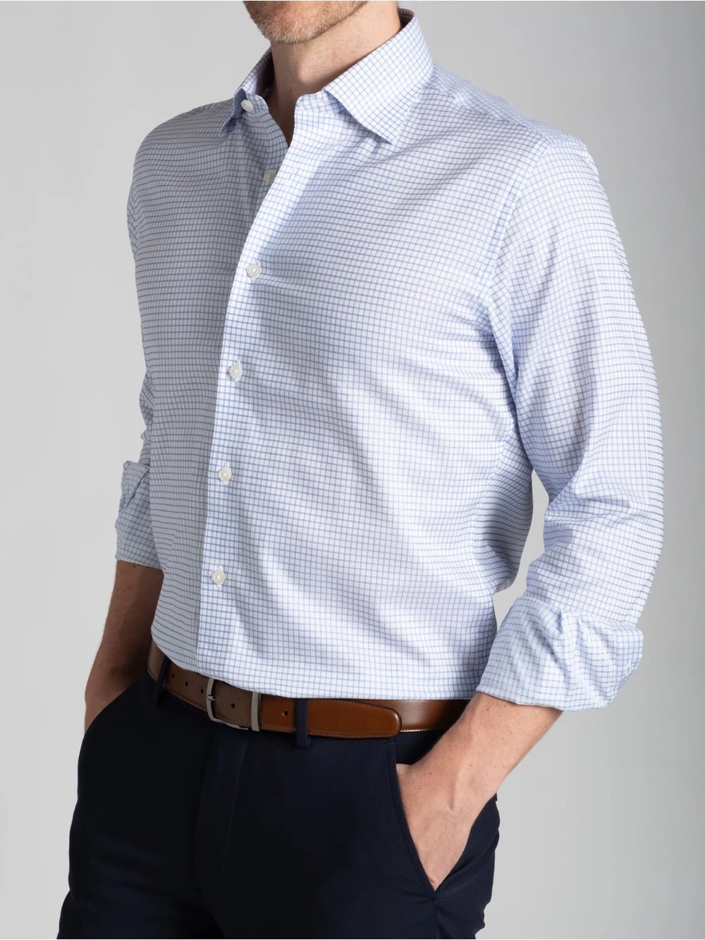 Tommy Hilfiger Men's Navy Blue and White Micro-Check Dress Shirt